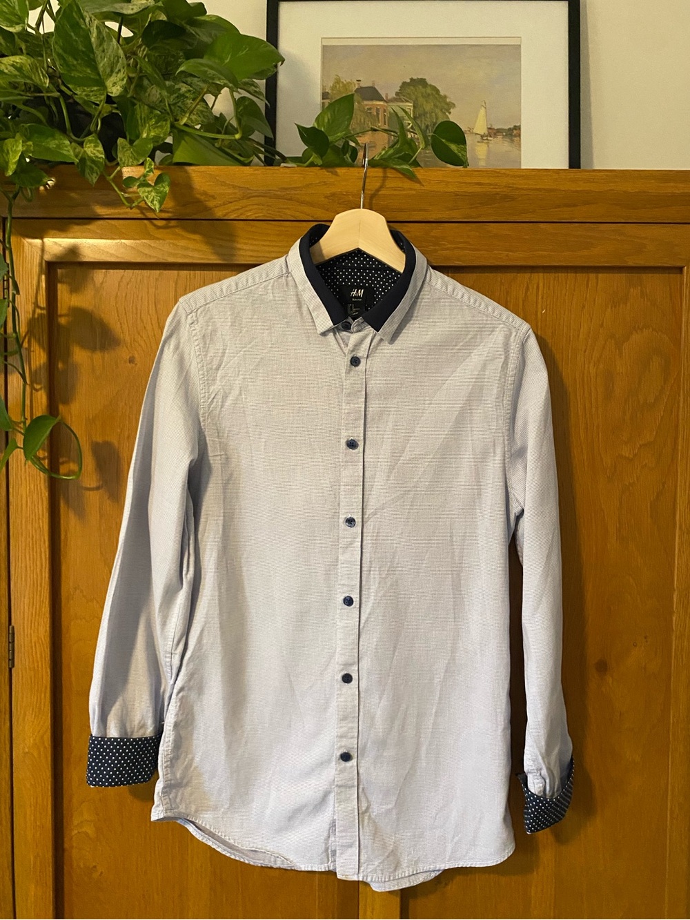 H&M Men's Pale Blue Button-Down Shirt with Navy Trim